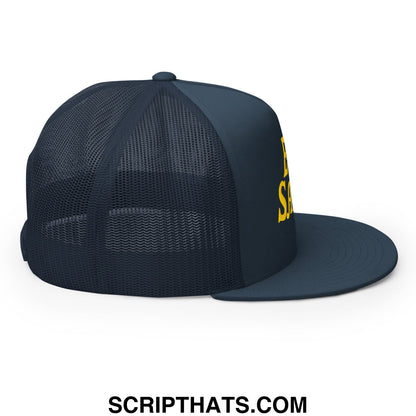 Egg Salad Embroidered Flat Bill Brim Mesh Trucker Hat Navy