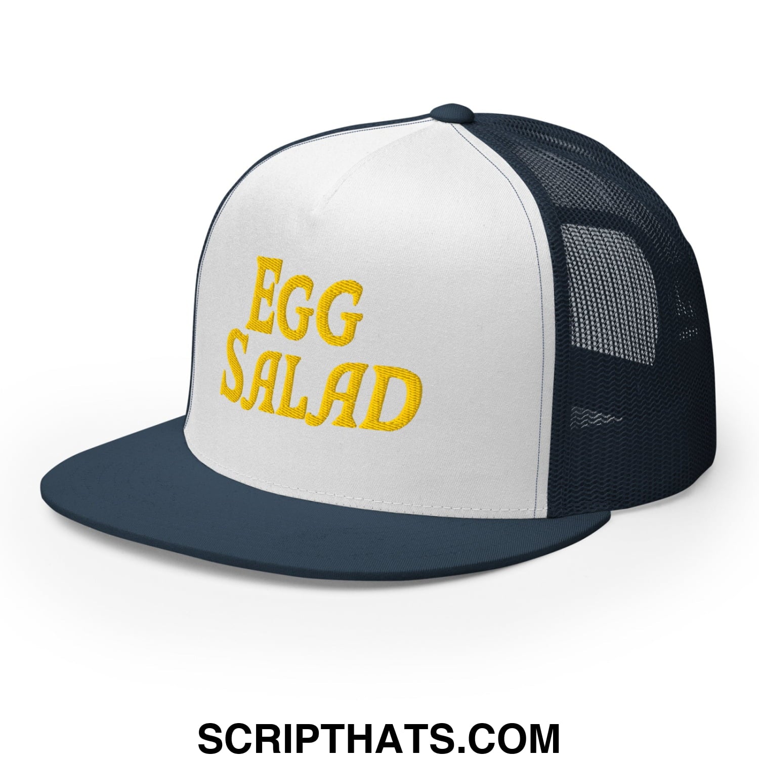 Egg Salad Embroidered Flat Bill Brim Mesh Trucker Hat Navy White Navy