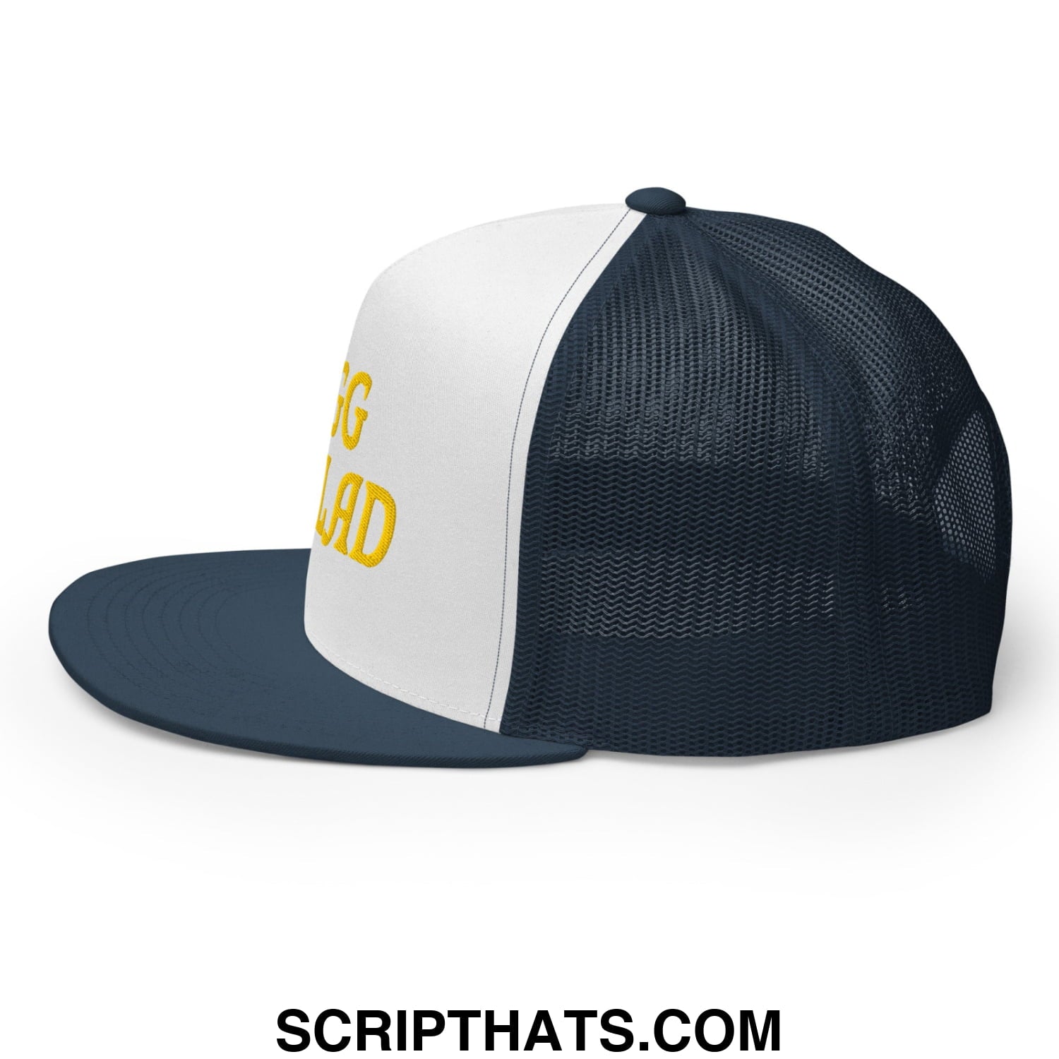 Egg Salad Embroidered Flat Bill Brim Mesh Trucker Hat Navy White Navy