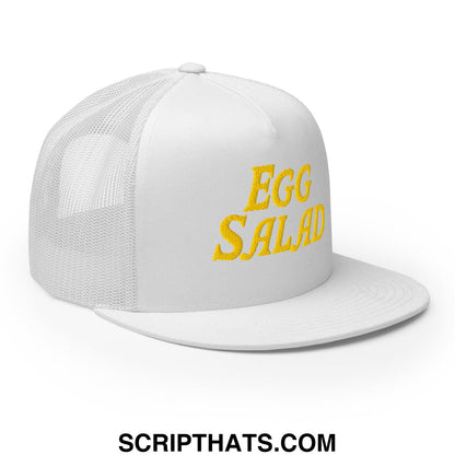 Egg Salad Embroidered Flat Bill Brim Mesh Trucker Hat White
