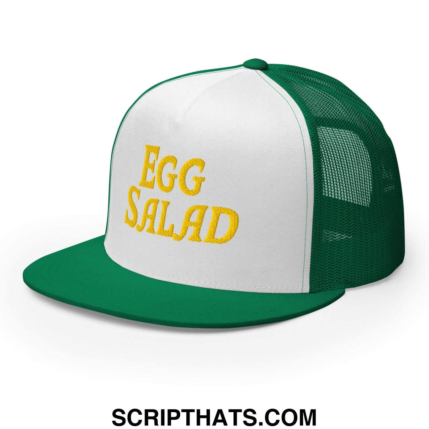 Egg Salad Embroidered Flat Bill Brim Mesh Trucker Hat Kelly White Kelly