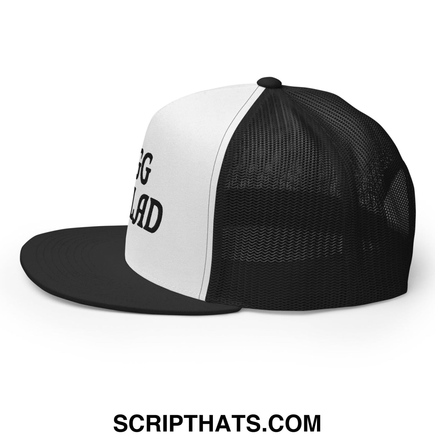 Egg Salad Embroidered Flat Bill Brim Mesh Trucker Hat Black White Black