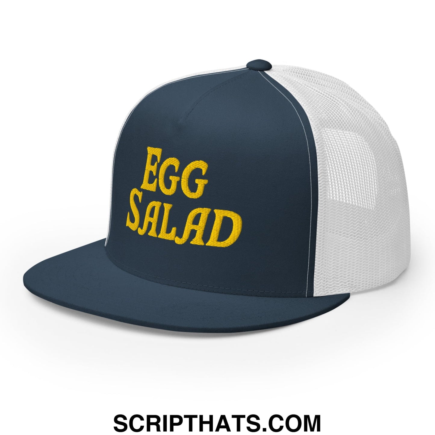 Egg Salad Embroidered Flat Bill Brim Mesh Trucker Hat Navy White