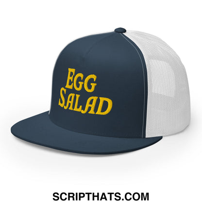 Egg Salad Embroidered Flat Bill Brim Mesh Trucker Hat Navy White