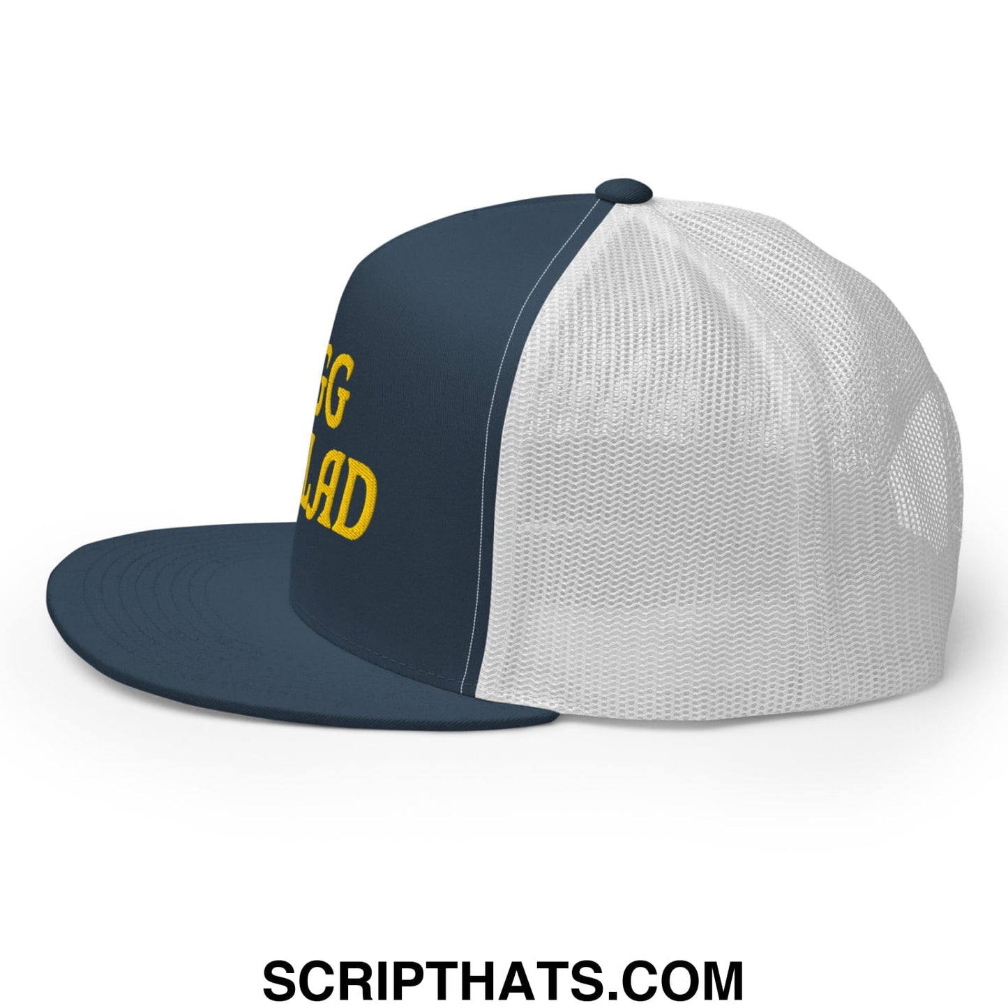 Egg Salad Embroidered Flat Bill Brim Mesh Trucker Hat Navy White