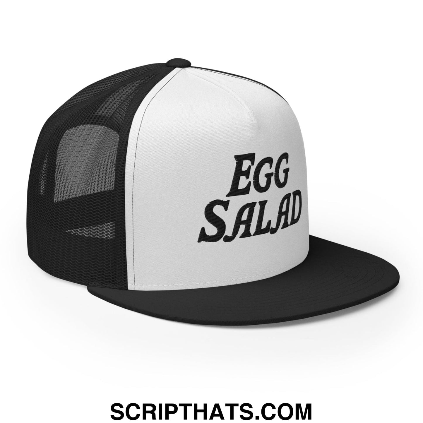 Egg Salad Embroidered Flat Bill Brim Mesh Trucker Hat Black White Black