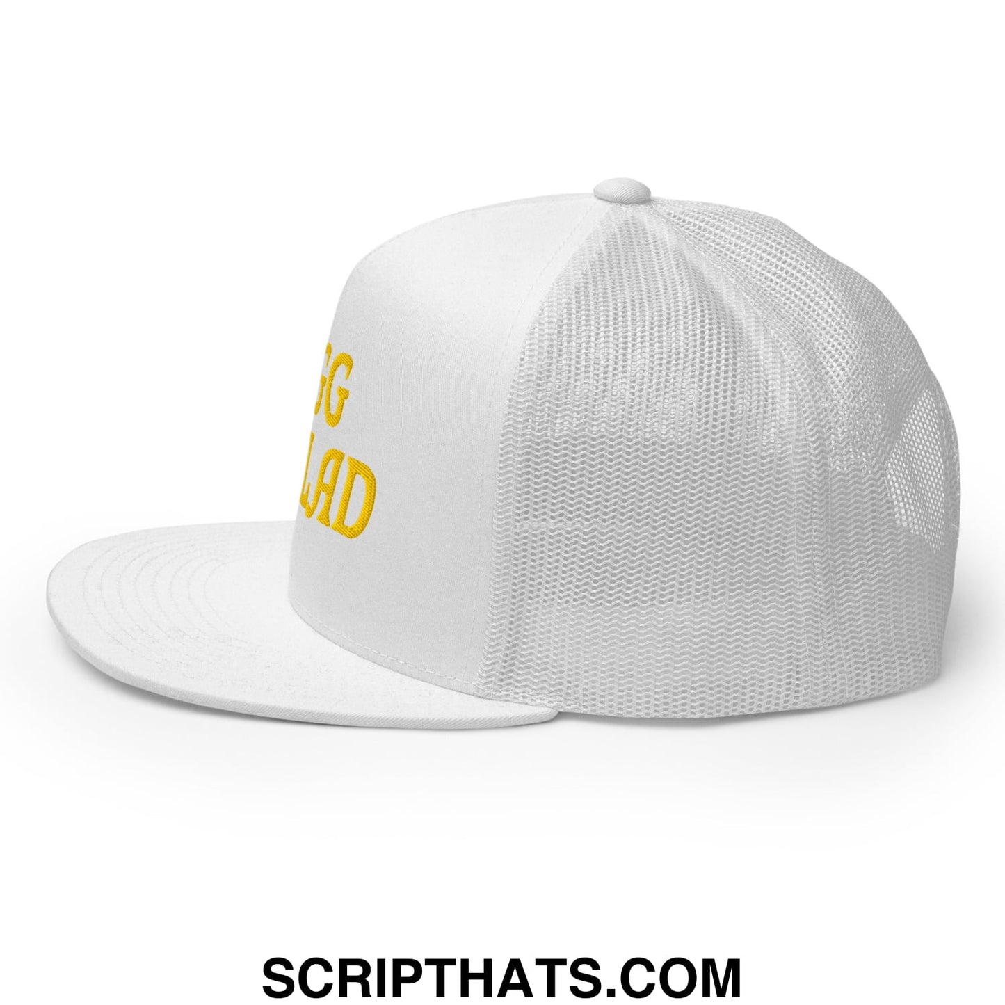 Egg Salad Embroidered Flat Bill Brim Mesh Trucker Hat White