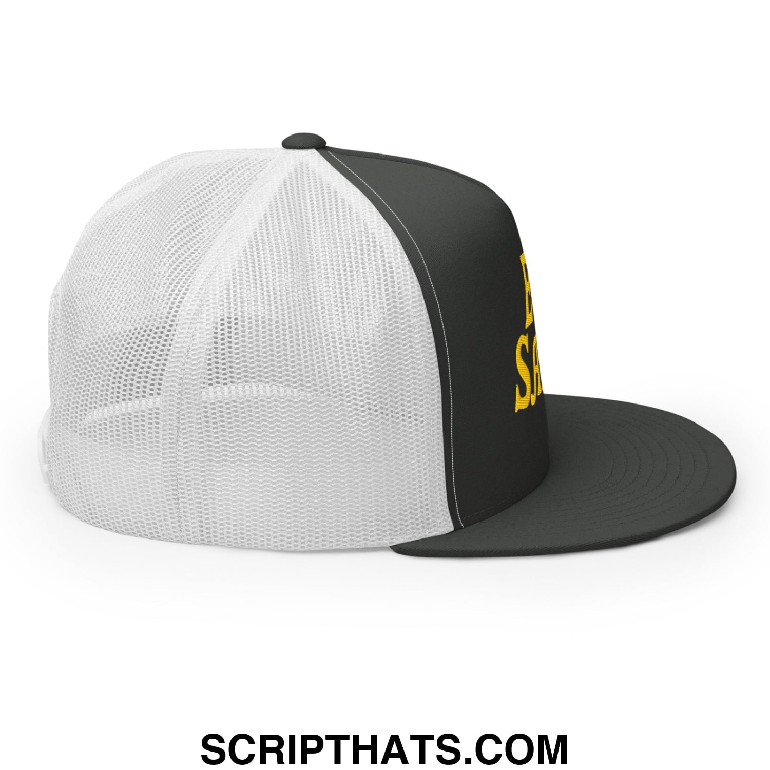 Egg Salad Embroidered Flat Bill Brim Mesh Trucker Hat Charcoal White