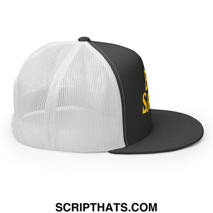 Egg Salad Embroidered Flat Bill Brim Mesh Trucker Hat Charcoal White