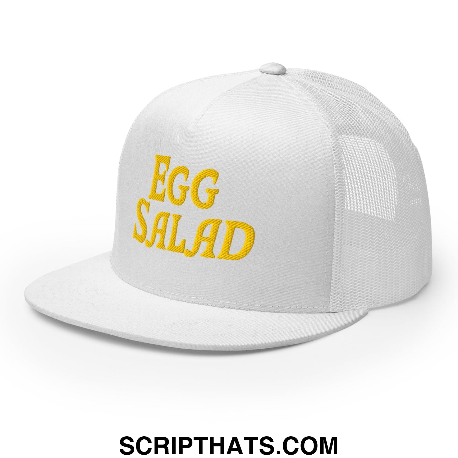 Egg Salad Embroidered Flat Bill Brim Mesh Trucker Hat White