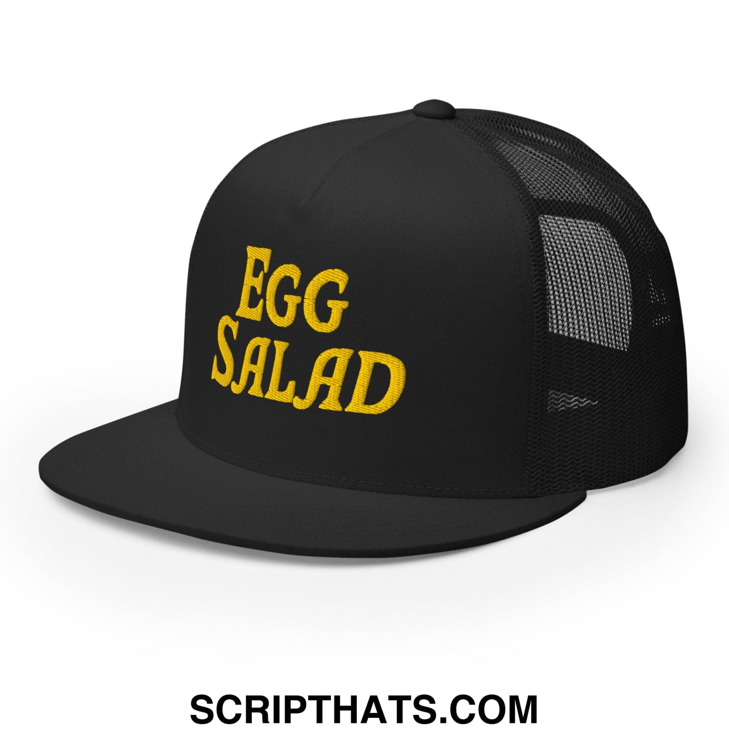 Egg Salad Embroidered Flat Bill Brim Mesh Trucker Hat Black