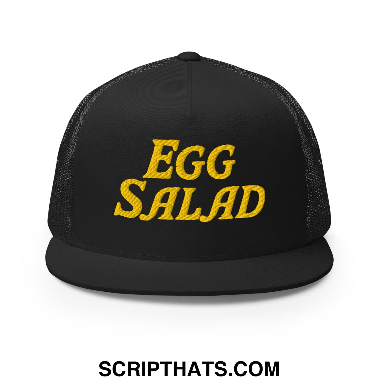 Egg Salad Embroidered Flat Bill Brim Mesh Trucker Hat Black