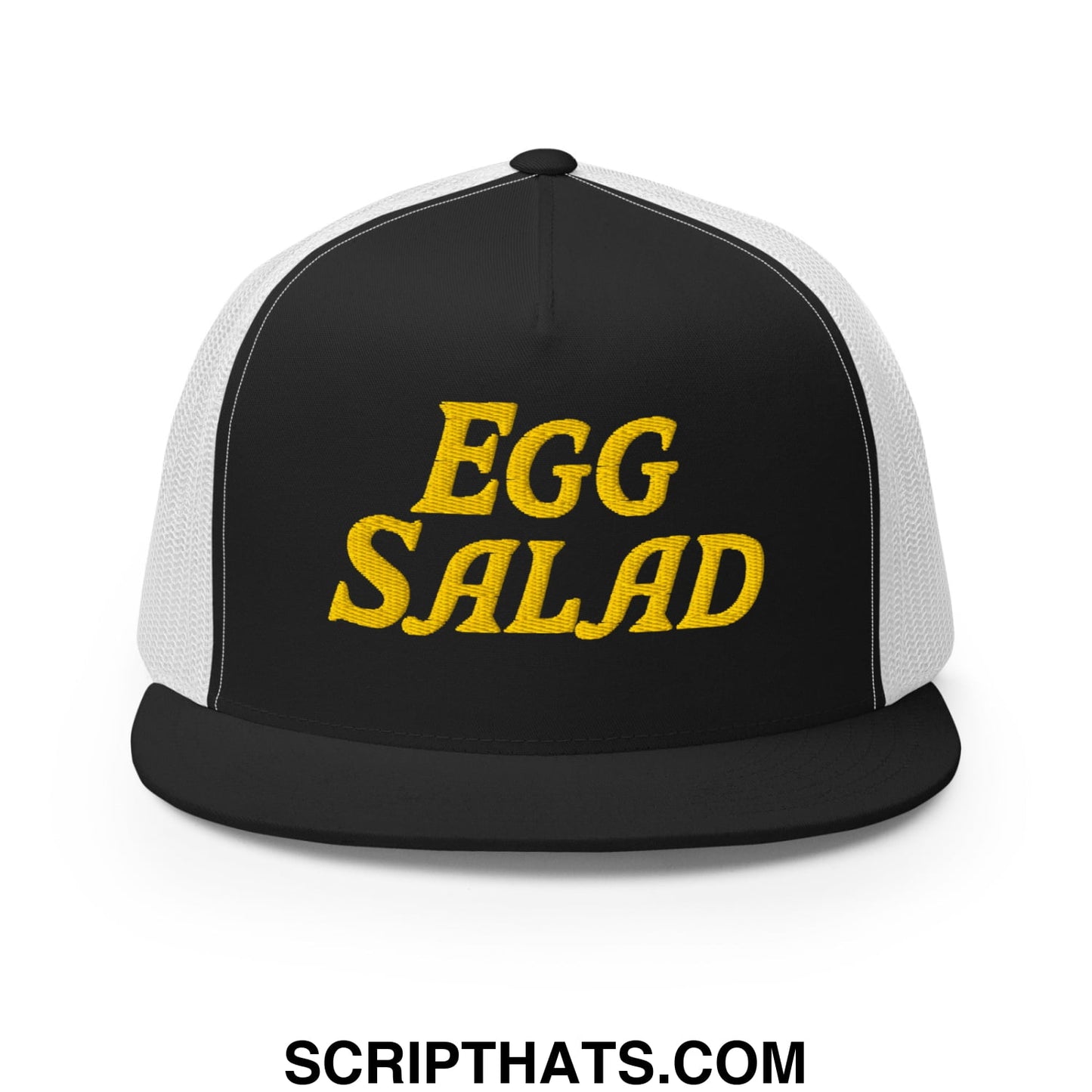 Egg Salad Embroidered Flat Bill Brim Mesh Trucker Hat Black White