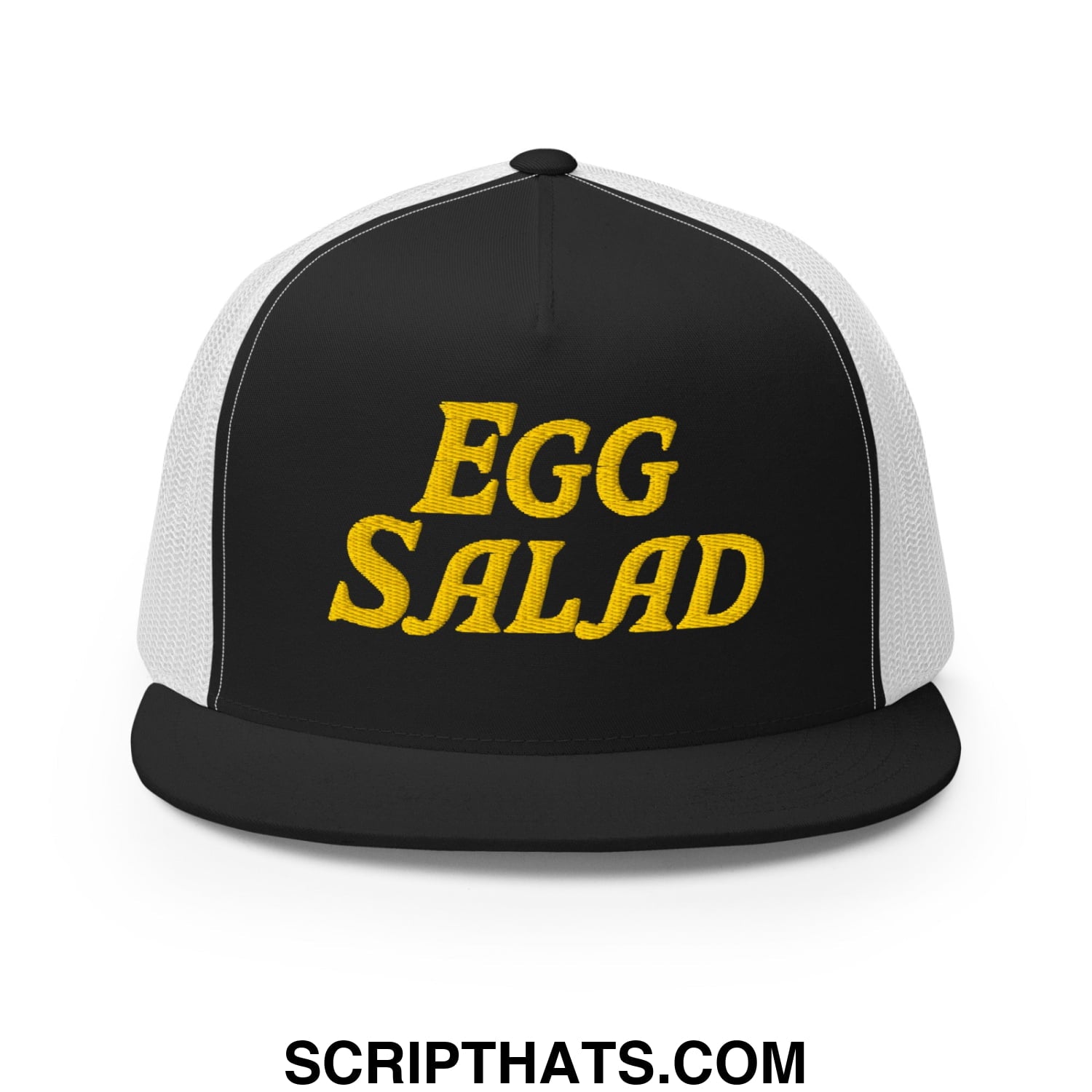 Egg Salad Embroidered Flat Bill Brim Mesh Trucker Hat Black White