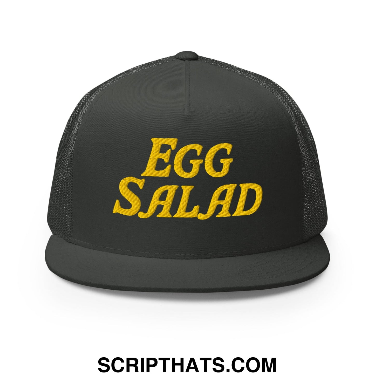 Egg Salad Embroidered Flat Bill Brim Mesh Trucker Hat Charcoal