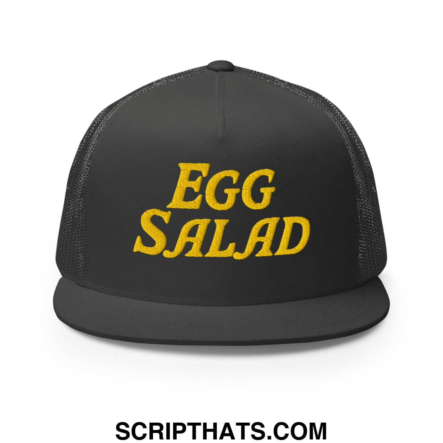 Egg Salad Embroidered Flat Bill Brim Mesh Trucker Hat Charcoal