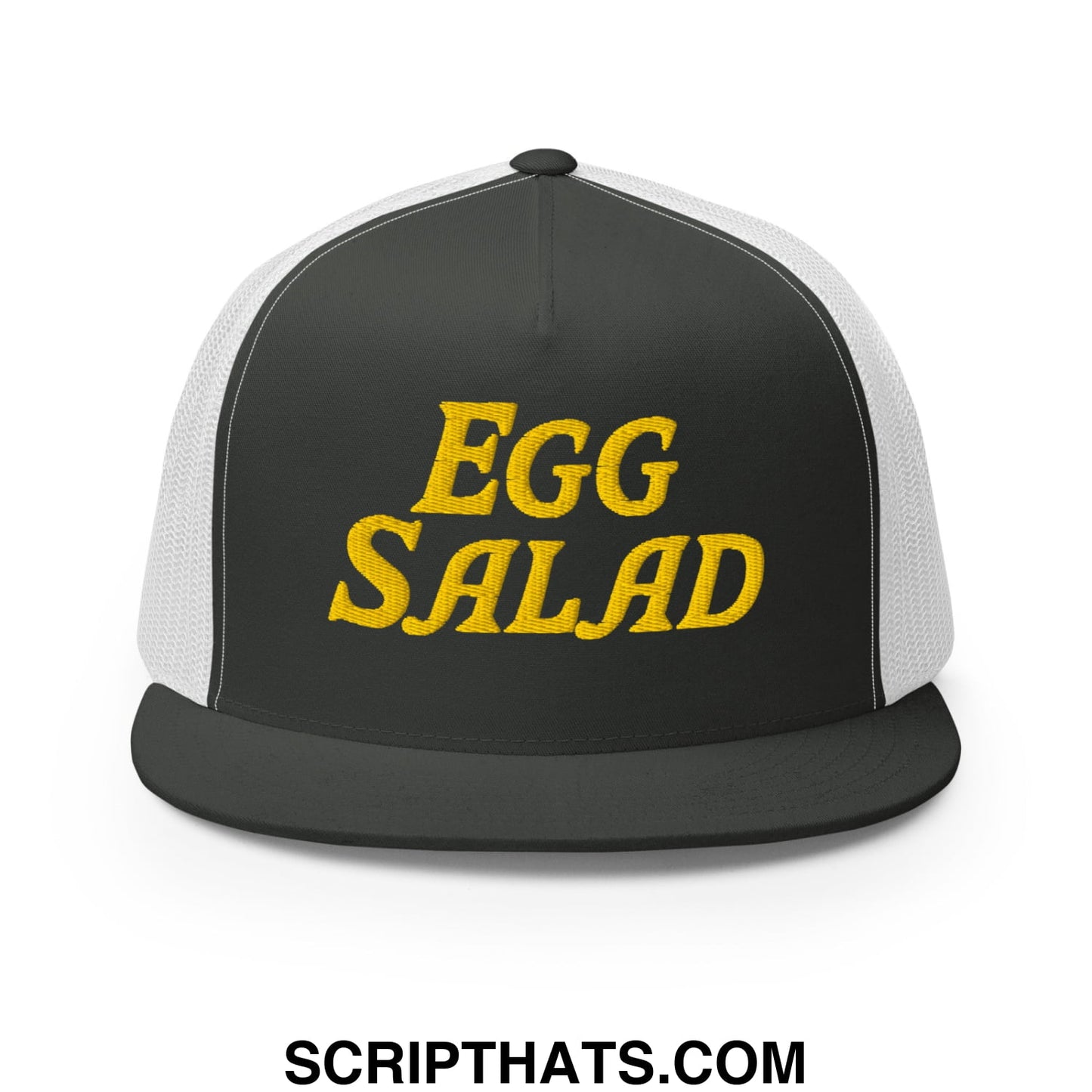 Egg Salad Embroidered Flat Bill Brim Mesh Trucker Hat Charcoal White