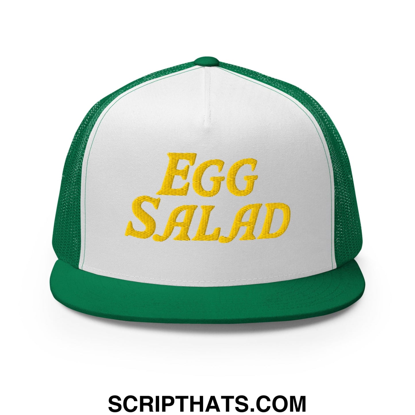 Egg Salad Embroidered Flat Bill Brim Mesh Trucker Hat Kelly White Kelly
