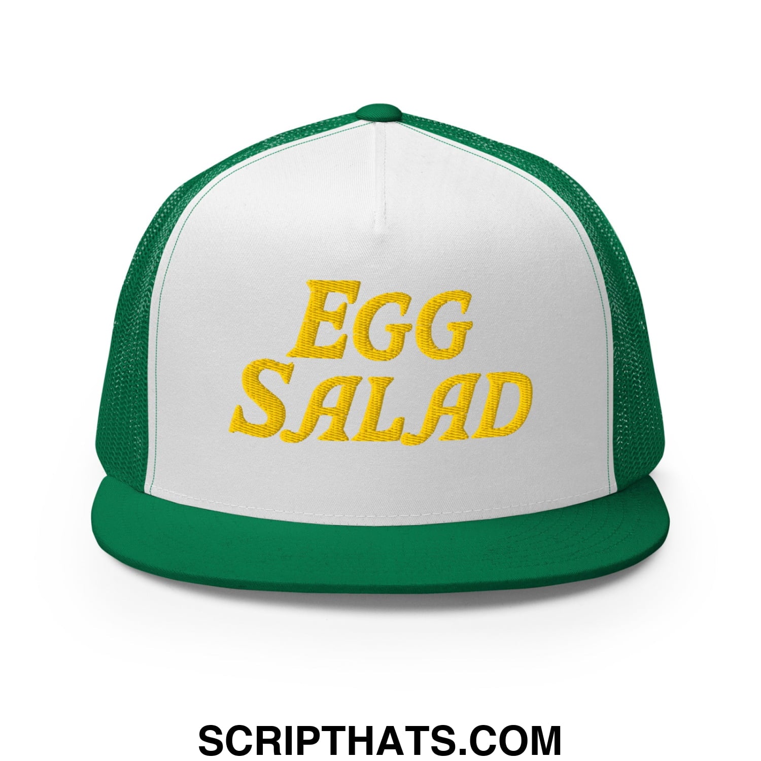 Egg Salad Embroidered Flat Bill Brim Mesh Trucker Hat Kelly White Kelly