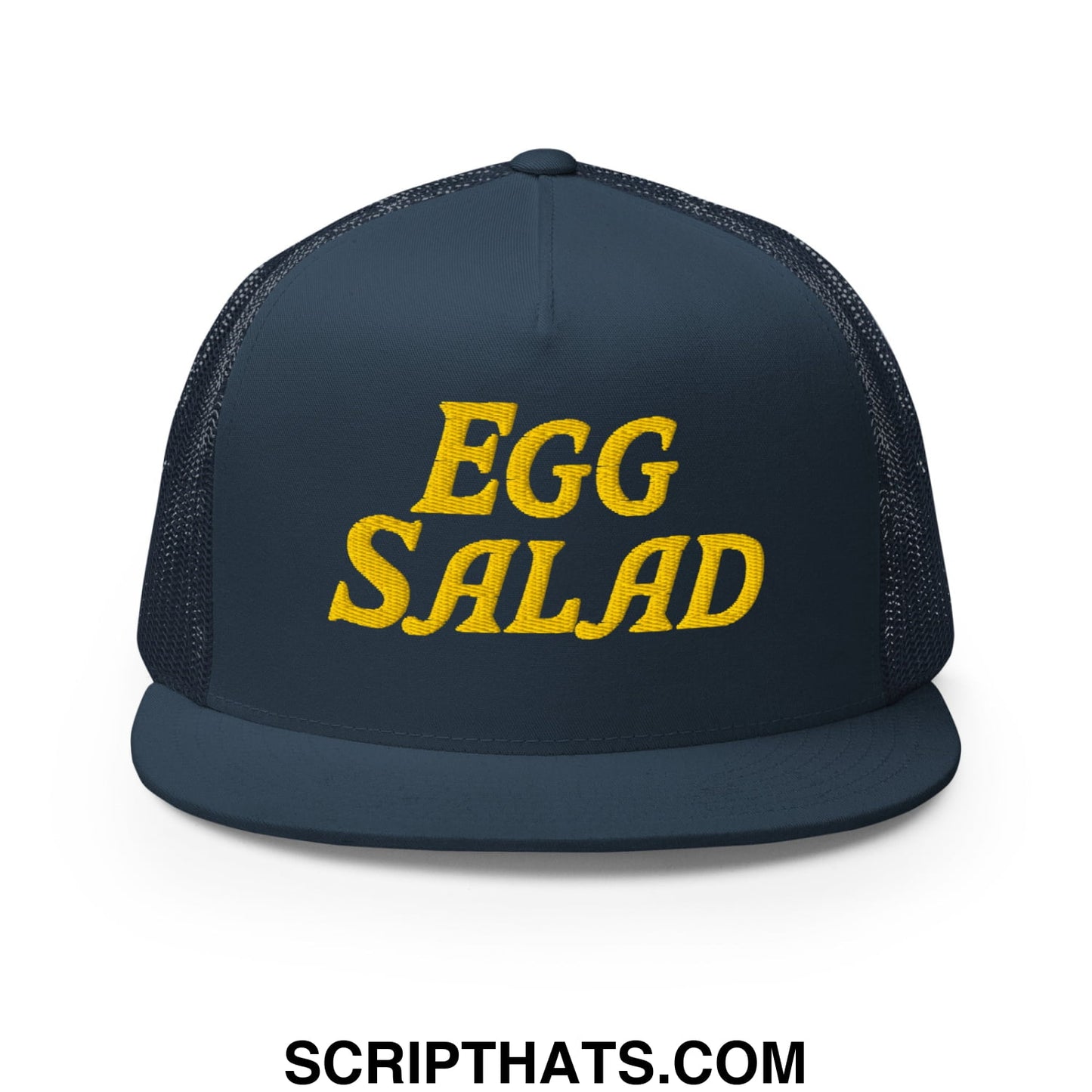 Egg Salad Embroidered Flat Bill Brim Mesh Trucker Hat Navy