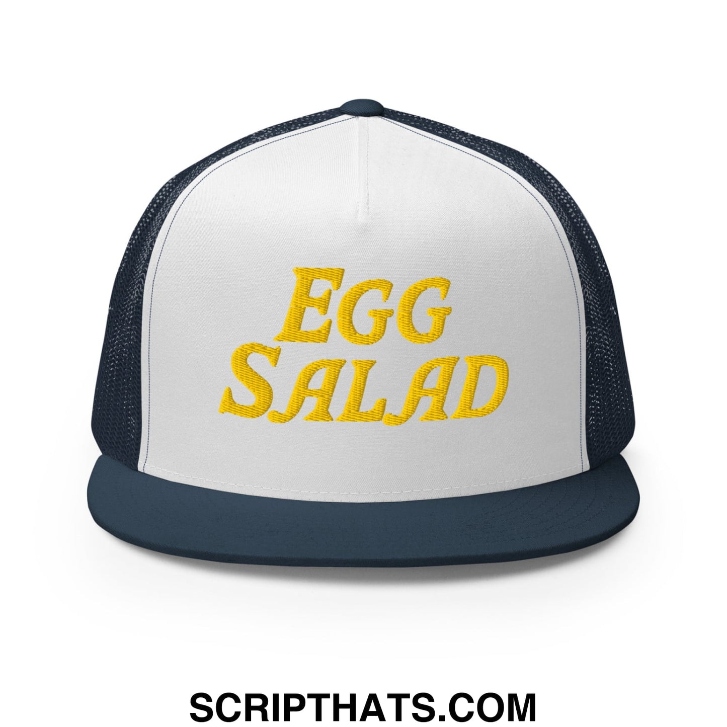 Egg Salad Embroidered Flat Bill Brim Mesh Trucker Hat Navy White Navy