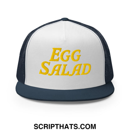 Egg Salad Embroidered Flat Bill Brim Mesh Trucker Hat Navy White Navy