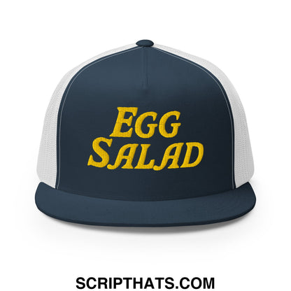 Egg Salad Embroidered Flat Bill Brim Mesh Trucker Hat Navy White