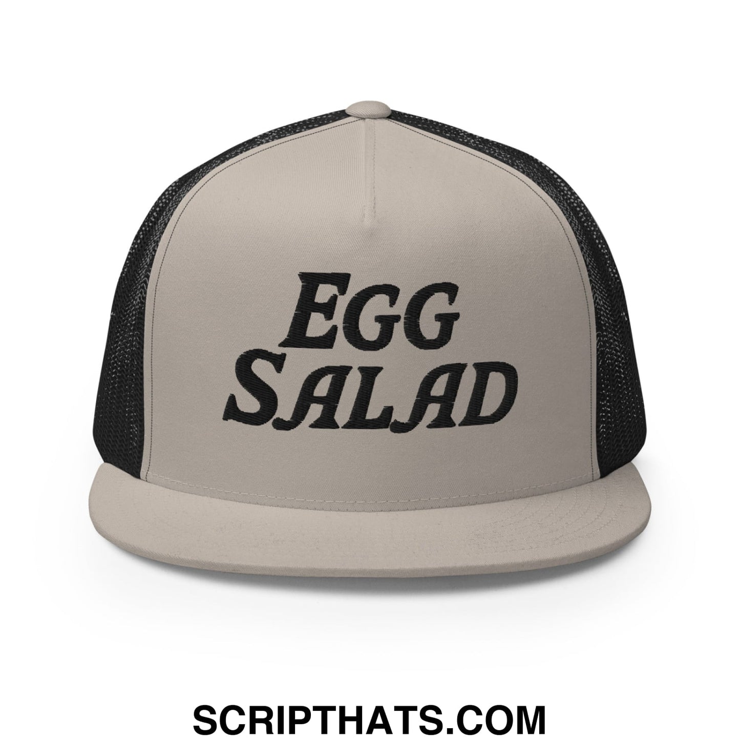 Egg Salad Embroidered Flat Bill Brim Mesh Trucker Hat Silver Black