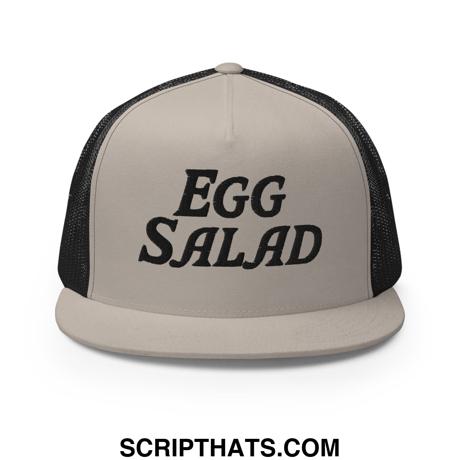 Egg Salad Embroidered Flat Bill Brim Mesh Trucker Hat Silver Black