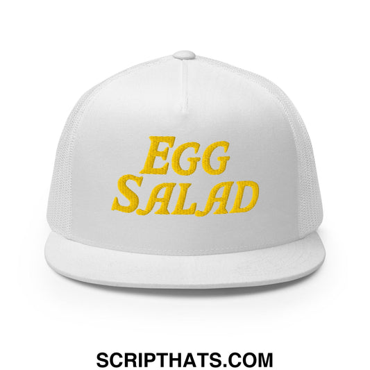 Egg Salad Embroidered Flat Bill Brim Mesh Trucker Hat White