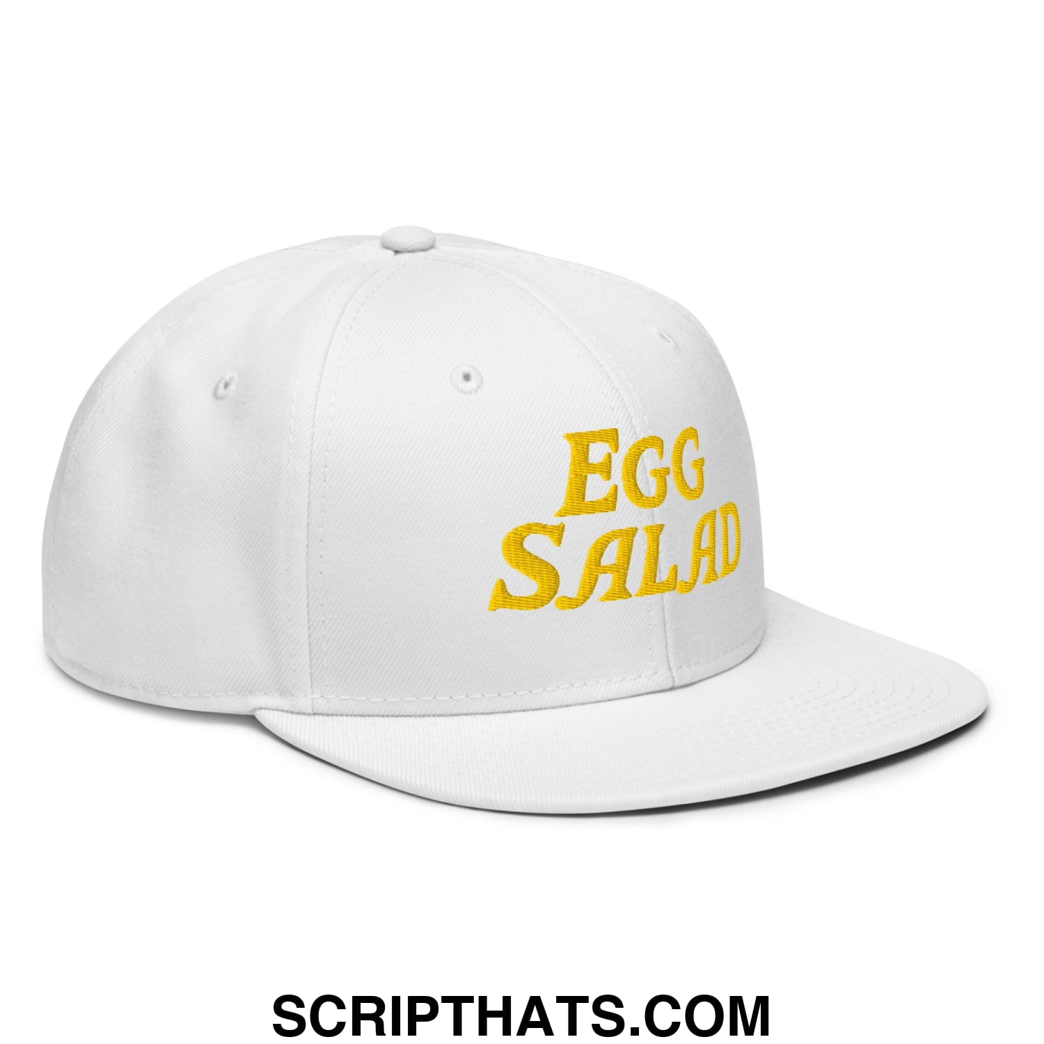 Egg Salad Embroidered Flat Brim Bill Snapback Hat White