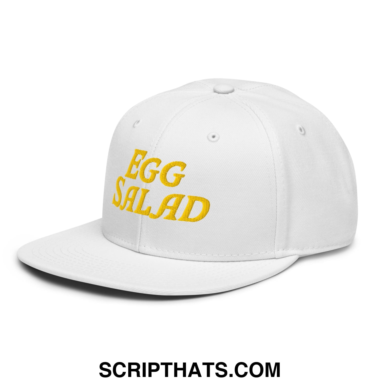 Egg Salad Embroidered Flat Brim Bill Snapback Hat White