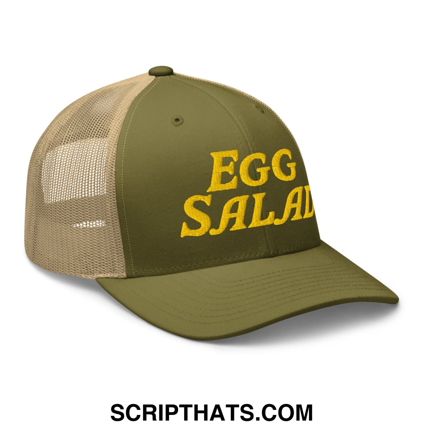 Egg Salad Embroidered Mesh Trucker Hat Moss Khaki
