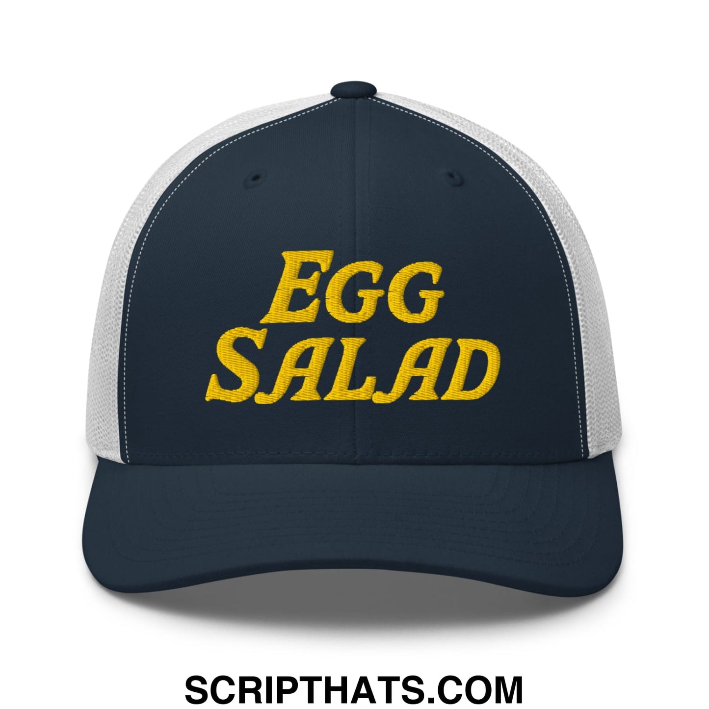 Egg Salad Embroidered Mesh Trucker Hat Navy White