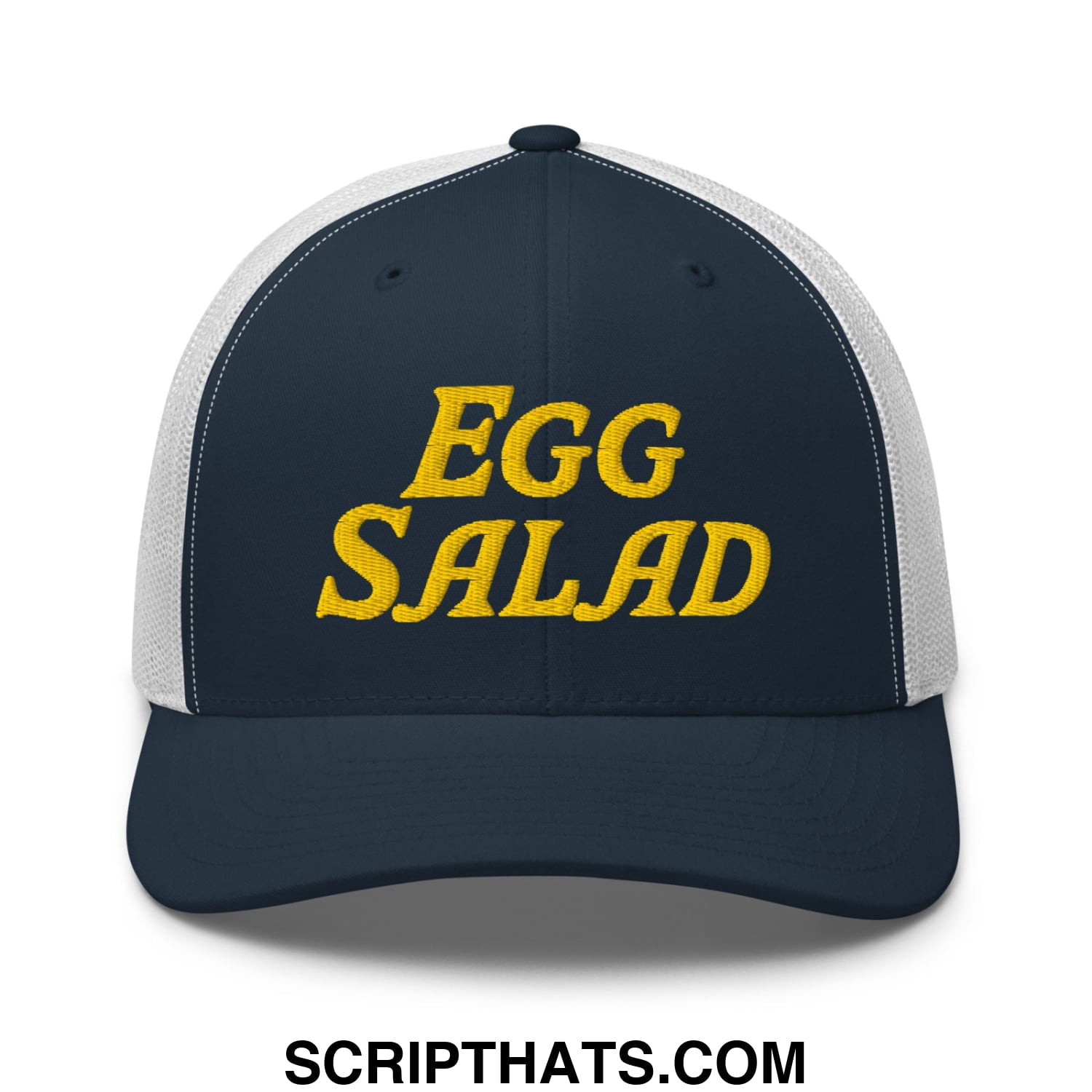 Egg Salad Embroidered Mesh Trucker Hat Navy White