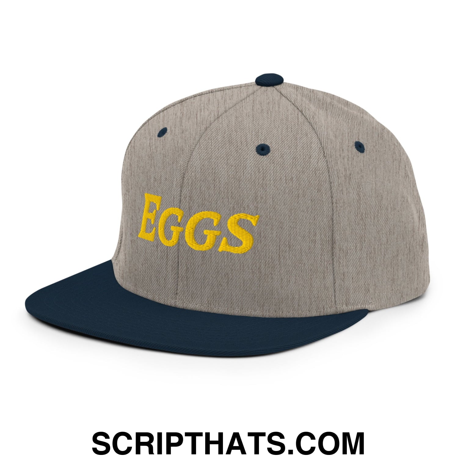 Eggs Embroidered Flat Bill Brim Snapback Hat Heather Grey Navy
