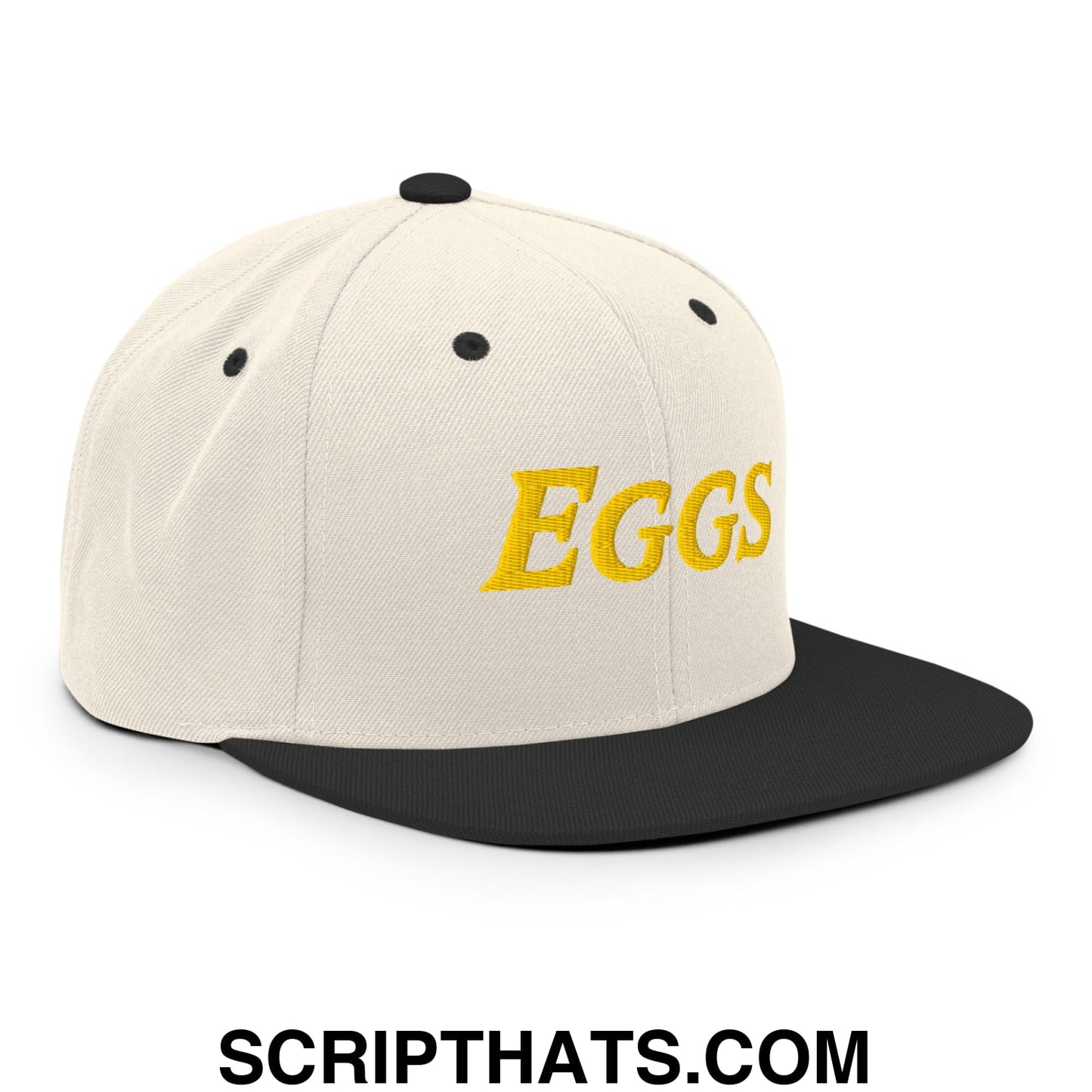Eggs Embroidered Flat Bill Brim Snapback Hat Natural Black