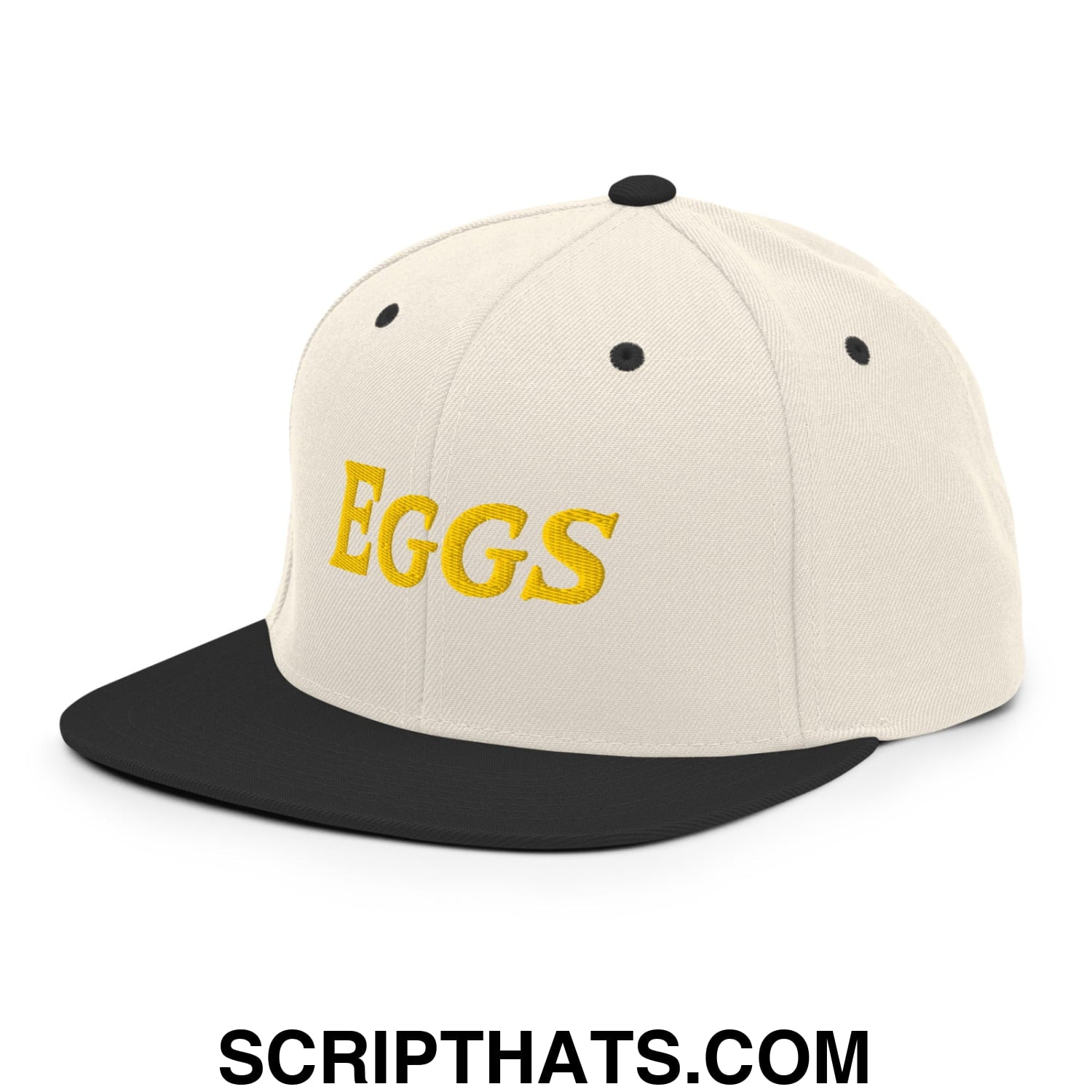 Eggs Embroidered Flat Bill Brim Snapback Hat Natural Black