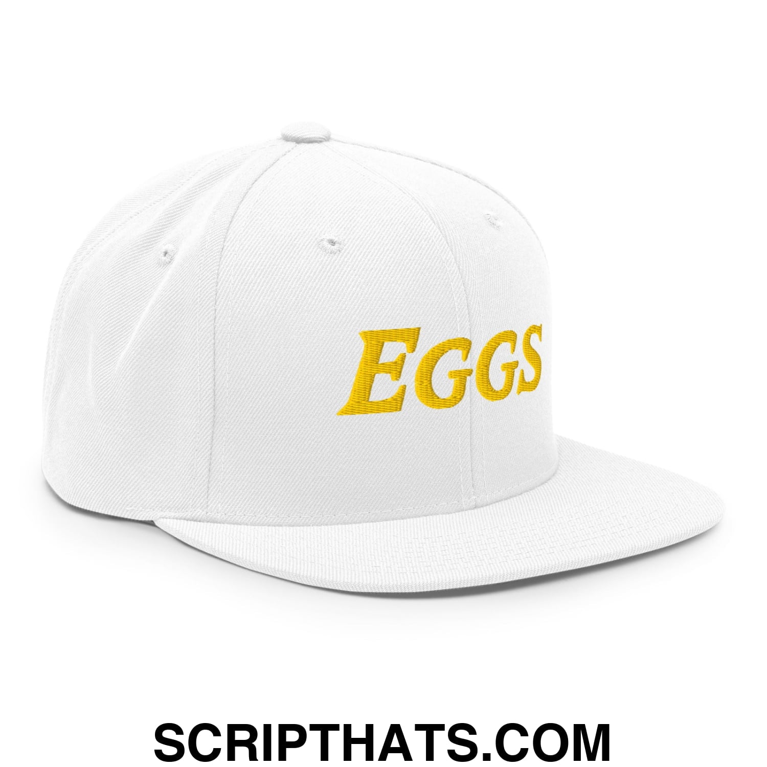 Eggs Embroidered Flat Bill Brim Snapback Hat White
