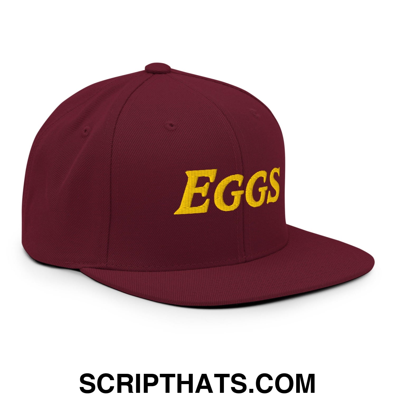 Eggs Embroidered Flat Bill Brim Snapback Hat Maroon