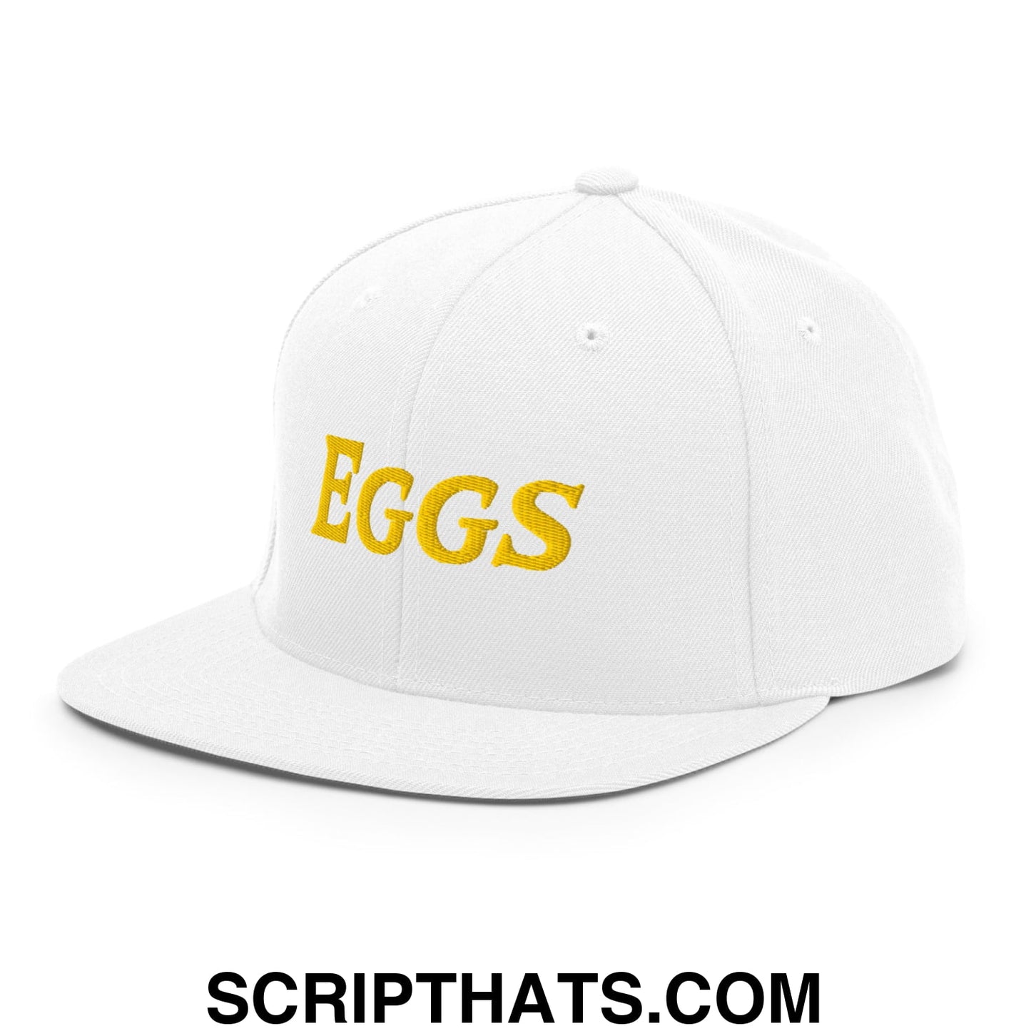 Eggs Embroidered Flat Bill Brim Snapback Hat White
