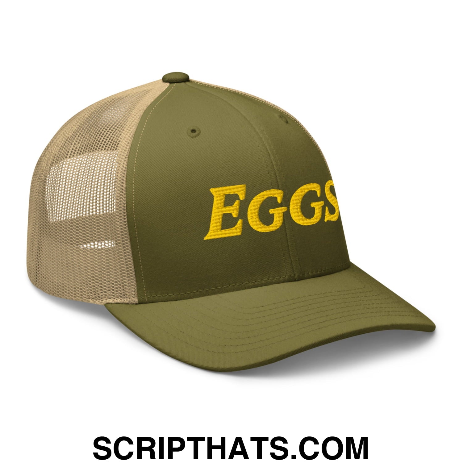 Eggs Embroidered Mesh Trucker Hat Moss Khaki
