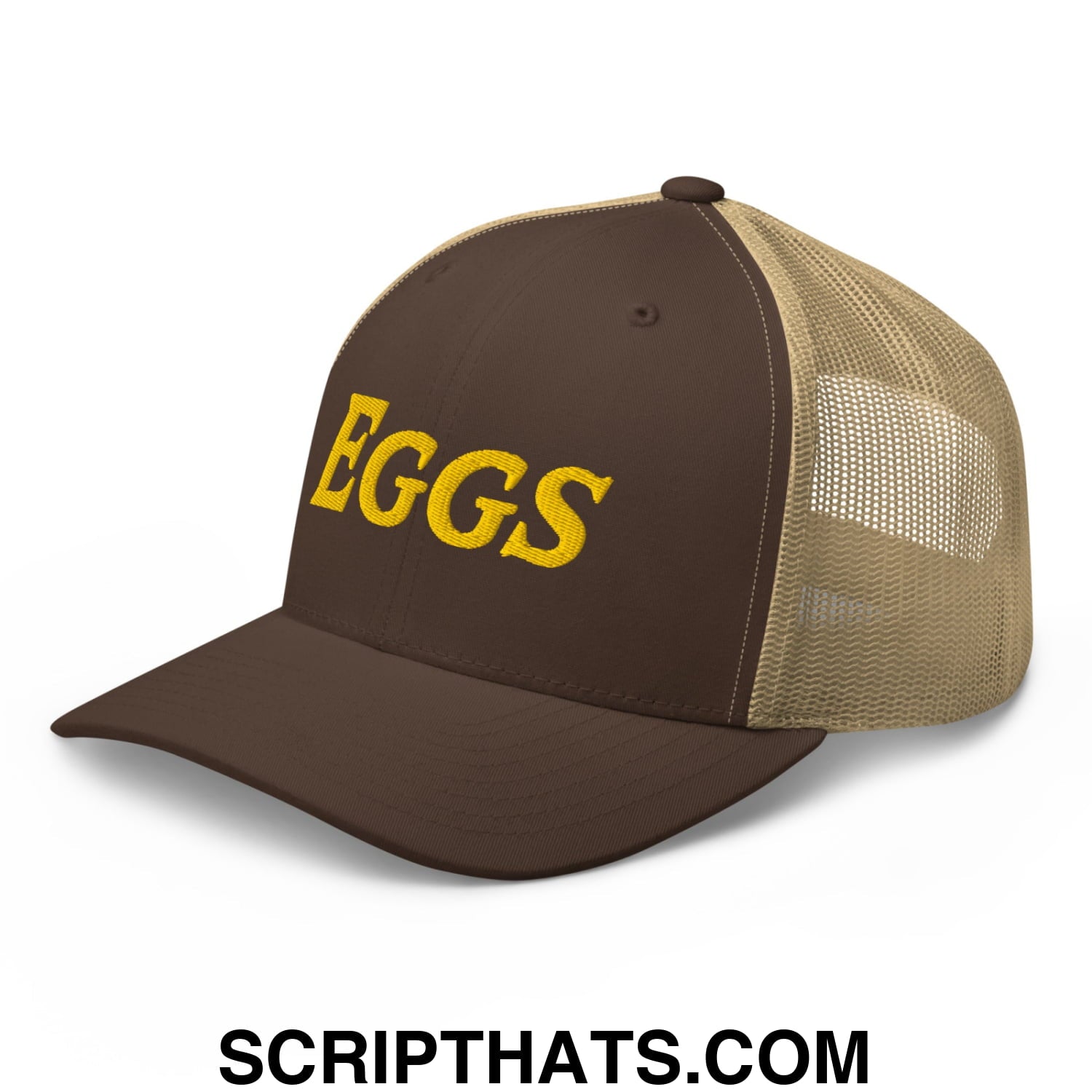 Eggs Embroidered Mesh Trucker Hat Brown Khaki