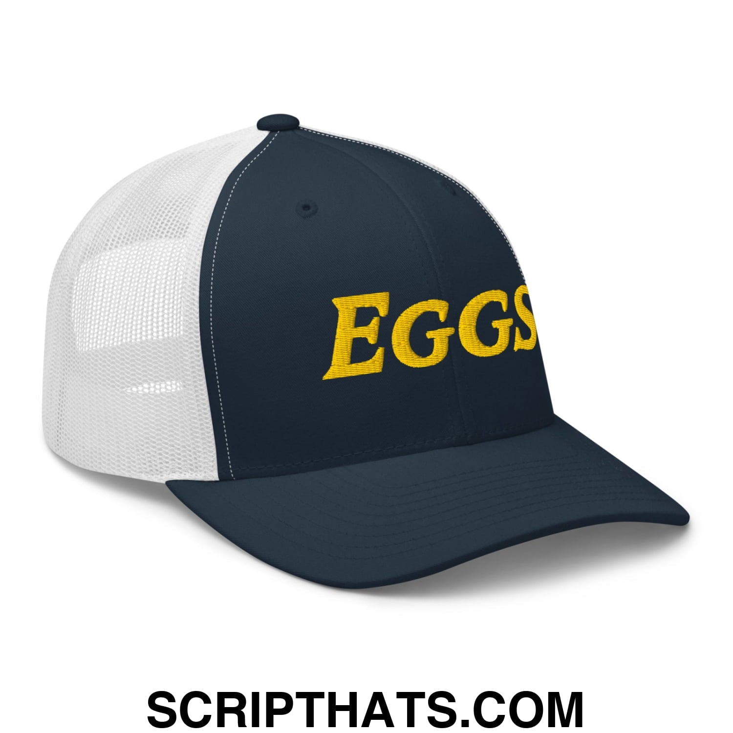 Eggs Embroidered Mesh Trucker Hat Navy White