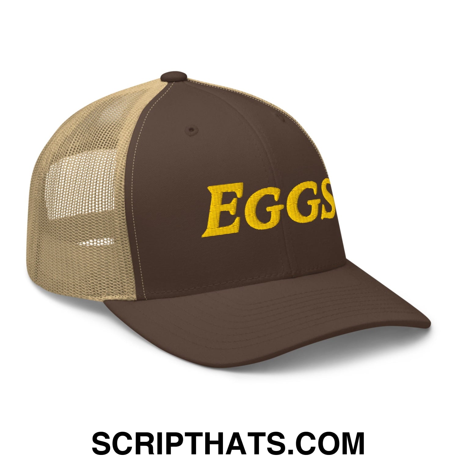 Eggs Embroidered Mesh Trucker Hat Brown Khaki