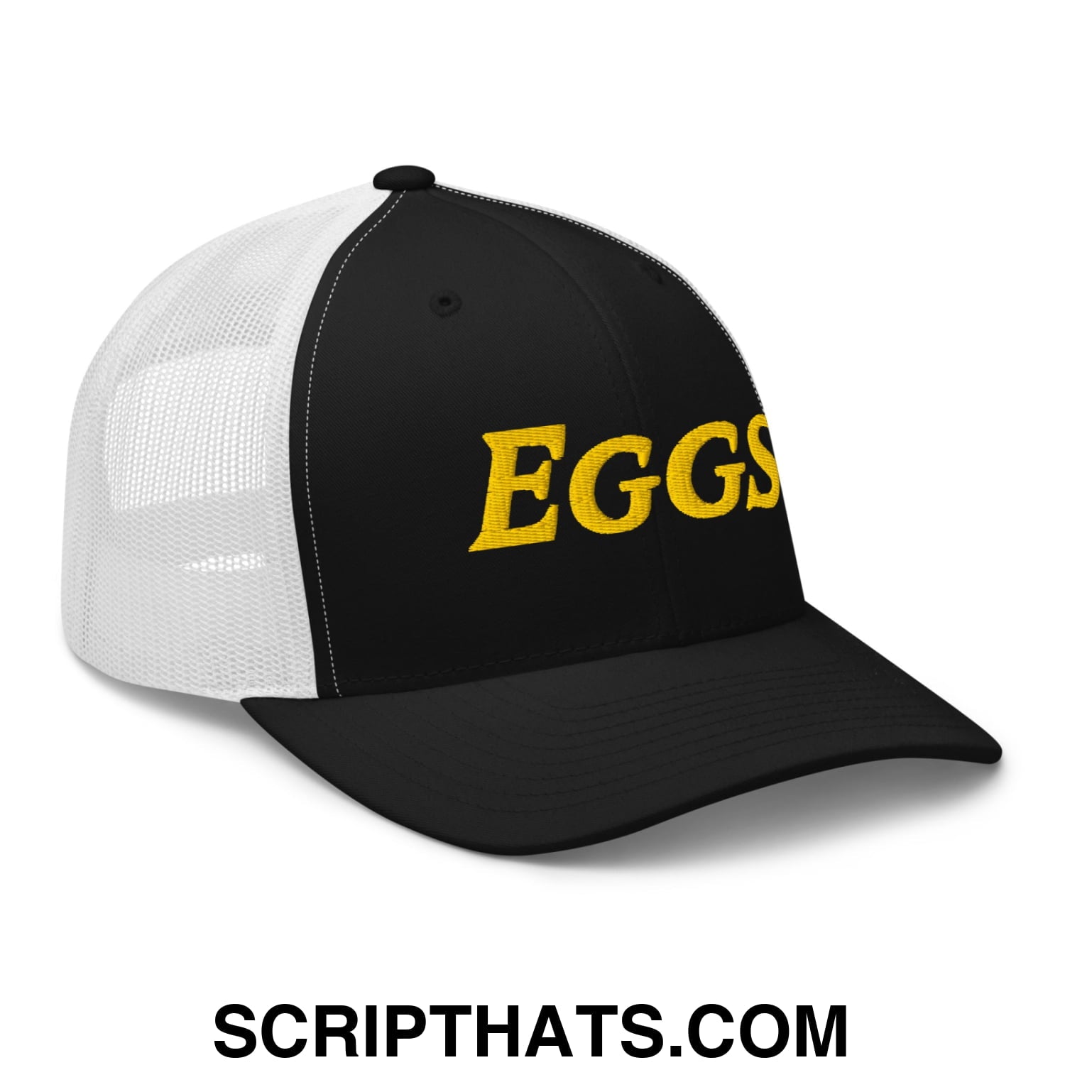 Eggs Embroidered Mesh Trucker Hat Black White