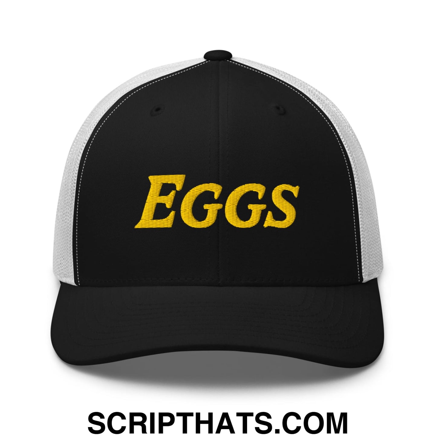 Eggs Embroidered Mesh Trucker Hat Black White