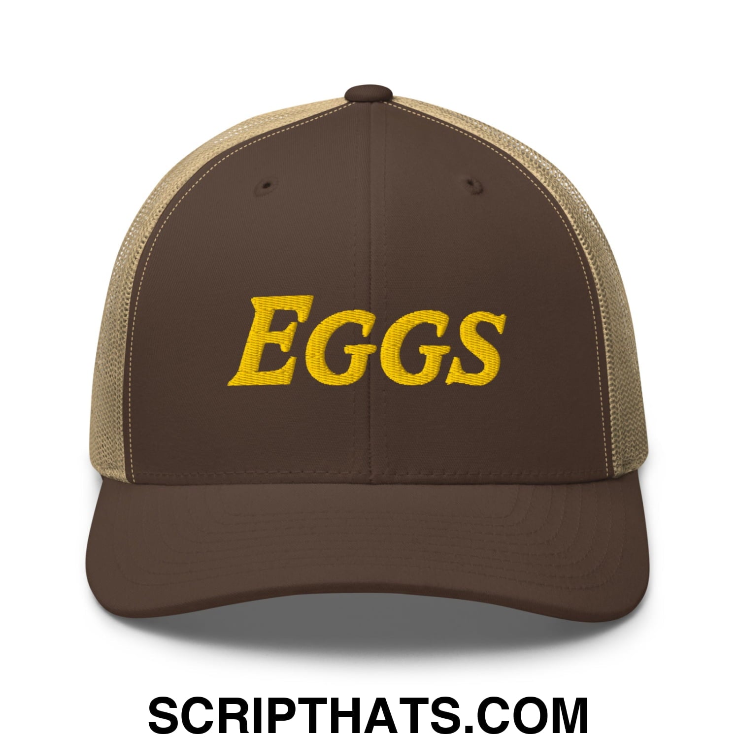 Eggs Embroidered Mesh Trucker Hat Brown Khaki