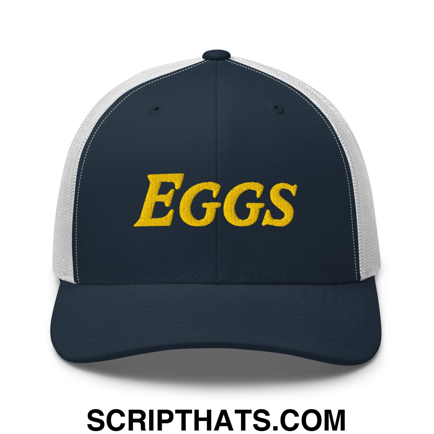 Eggs Embroidered Mesh Trucker Hat Navy White
