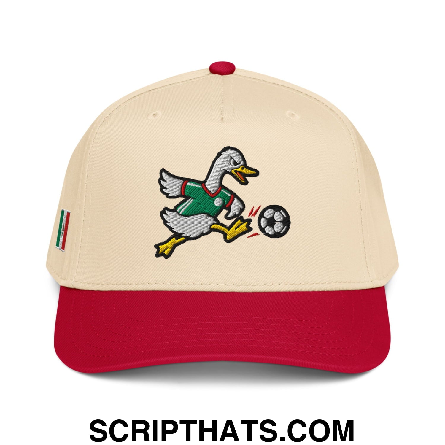 Beige and red embroidered baseball snapback hat with a duck in green jersey kicking soccer ball and italian flag patch